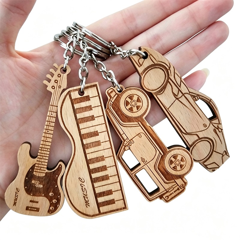 Various styles of wooden keychains